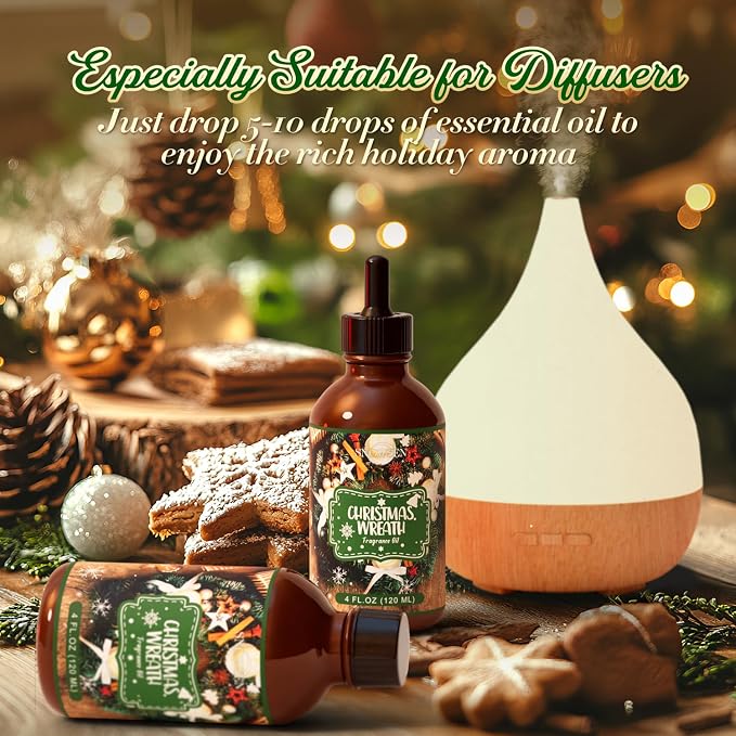 Christmas Wreath Fragrance Oil 4 Fl Oz, Undiluted Winter Essential Oil with Glass Dropper for Diffuser, Humidifier, House Cleaning,Spray,Soap Making,Candle Making,Yoga,Long Lasting Scents