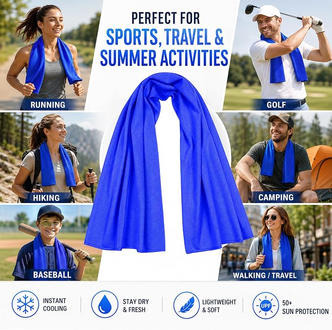 Cooling Towel for Neck and Face - 43.3" x 15.7" - Quick-Dry Microfiber - Ideal for Hot Weather, Gym, Fitness, Camping, Yoga Sport, Golf - Navy Blue