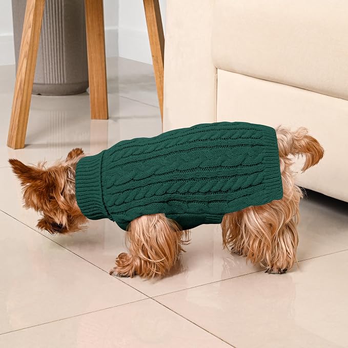 Dog Sweater 2 Pack for Small Dogs, Size S, Red & Green | Stretchy cable knit turtleneck, machine washable, high belly cut, comfy winter fit for Chihuahua, Maltese