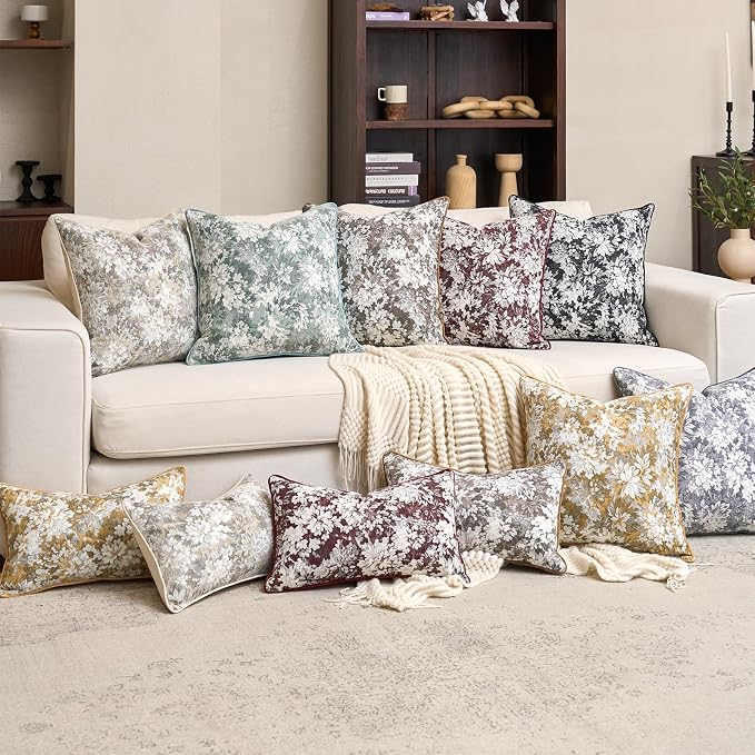 Alerfa Brown Neutral Floral Pillow Cover 20 x 20 Inch, Vintage Chenille Square Couch Pillow Cover Soft Decorative Farmhouse Accent Pillowcase for Living Room Bedroom