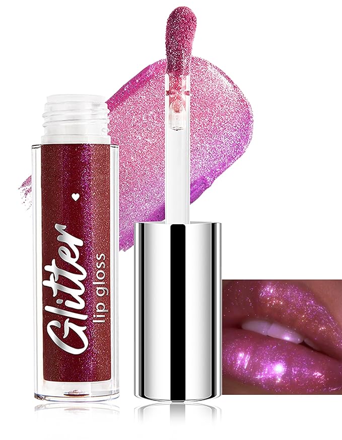 Erinde Glitter Shimmer Lip Gloss, Hydrating High-Shine Glimmer Finish & Sheer Wash Of Color Lip Oil, Non-Sticky, Moisturizing Lip Makeup, Bling Sparkle Lip Gloss Lipstick, Vegan & Cruelty-Free, 04