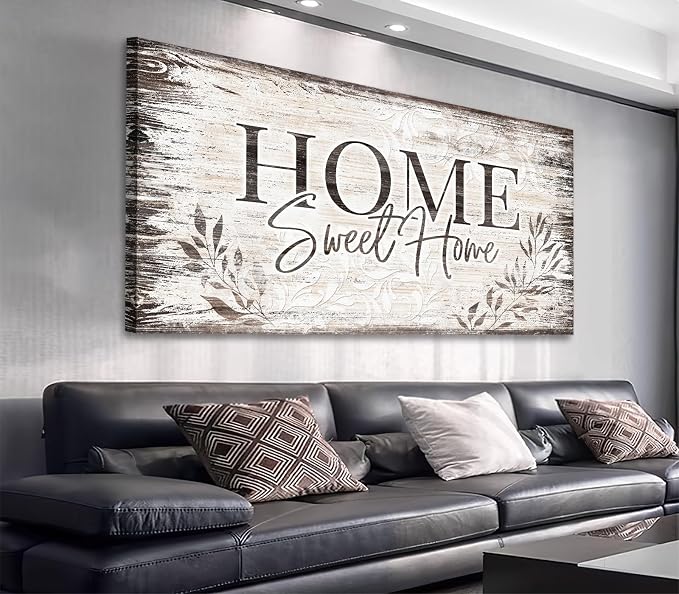 arteWOODS Home Sweet Home Wall Art Sign Large Dark Brown Farmhouse Wall Sign for Living Room Decoration Wooden Board Design Canvas Prints Modern Rustic Artwork Leaf Pictures Wall Decor 24" x 48"
