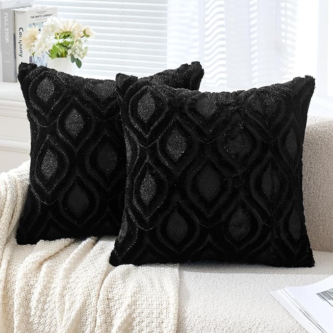 MIULEE Halloween Black Soft Plush Faux Wool Throw Pillow Covers 18x18 | Set of 2, Farmhouse Boho Home Decor, Decorative Cushion Covers for Sofa, Living Room, Bed