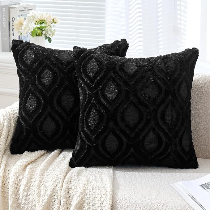 MIULEE Black Soft Plush Faux Wool Throw Pillow Covers 20x20 | Set of 2, Farmhouse Boho Home Decor, Decorative Cushion Covers for Sofa, Living Room, Bed