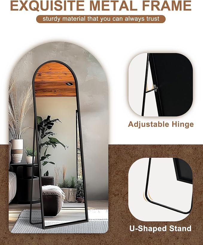 Arched Full Length Mirror with Stand, Black Floor Mirror | Aluminium alloy frame with HD float glass for distortion-free reflection. Free standing or wall mounted.
