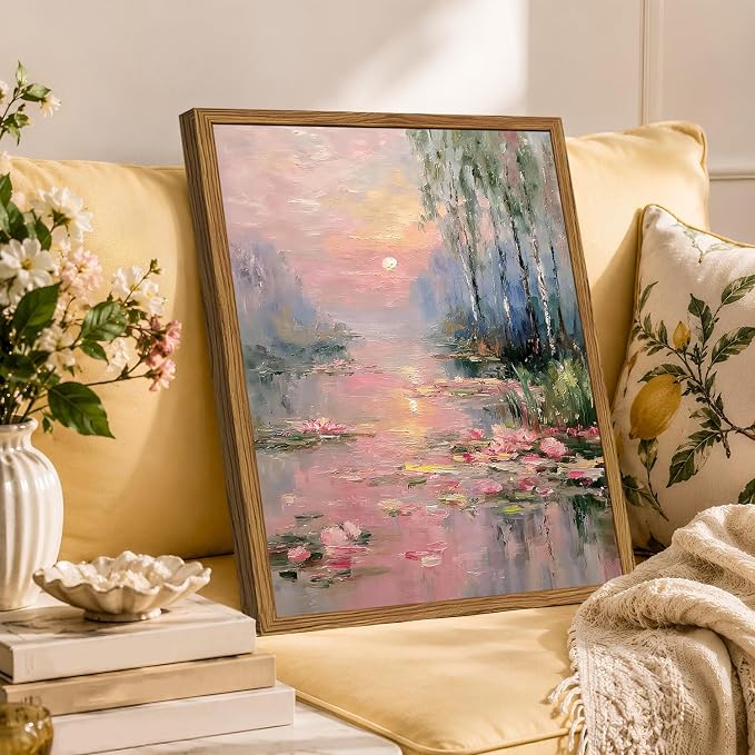 Framed Vintage Monet Canvas Wall Art, Pink Water Lilies Floral Pictures Wall Decor, Impressionist Sunset Landscape Paintings Prints Nature Aesthetic Artwork for Living Room Bedroom 16x24 inch