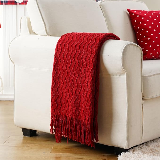 BATTILO HOME Christmas Red Throw Blanket for Couch, Textured Soft Burgundy Throw Blankets, Decorative Knitted Red Blanket for Sofa Bed Living Room, 50"x60"