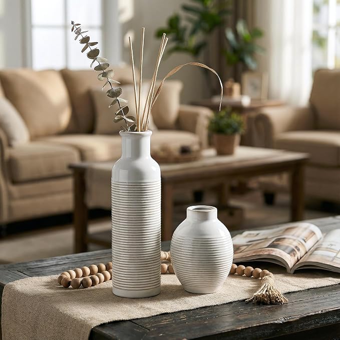 Rustic Farmhouse Vase Set of 3 - Ceramic Decorative Flowers Vases Home Decor - Pampas Grass Dried Fresh Flowers - for Centerpiece, Table, Mantel Entryway, Kitchen, Bedroom (White)