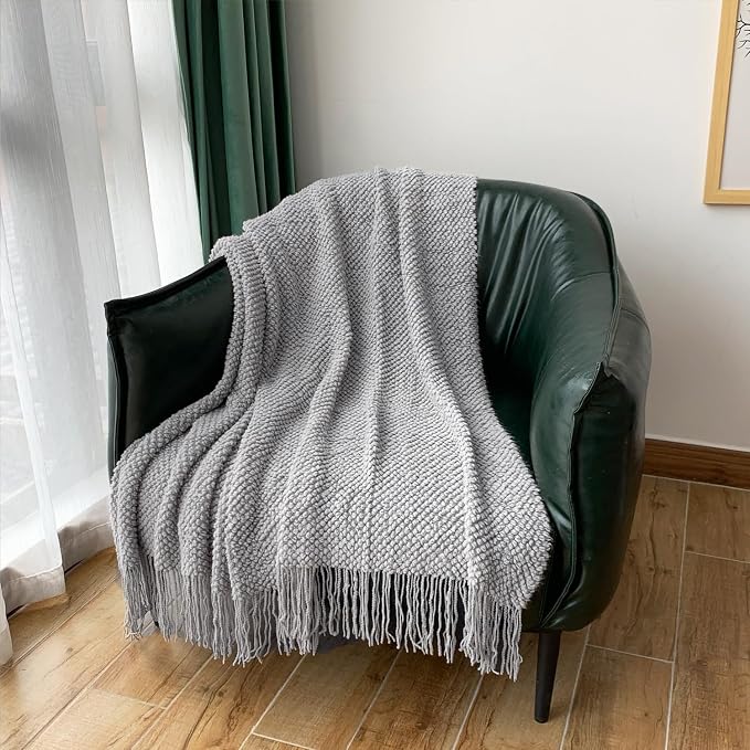 LOMAO Knitted Throw Blanket with Tassels Bubble Textured Soft Lightweight Throws for Couch Cover Home Decor (Light Grey, 50x60)