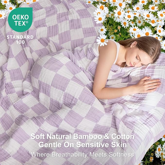 EMME Cooling Muslin Twin XL Blanket - Checkered Lightweight Summer Cotton Blankets of Rayon Derived from Bamboo for Hot Sleepers, Soft Breathable All Season Gauze