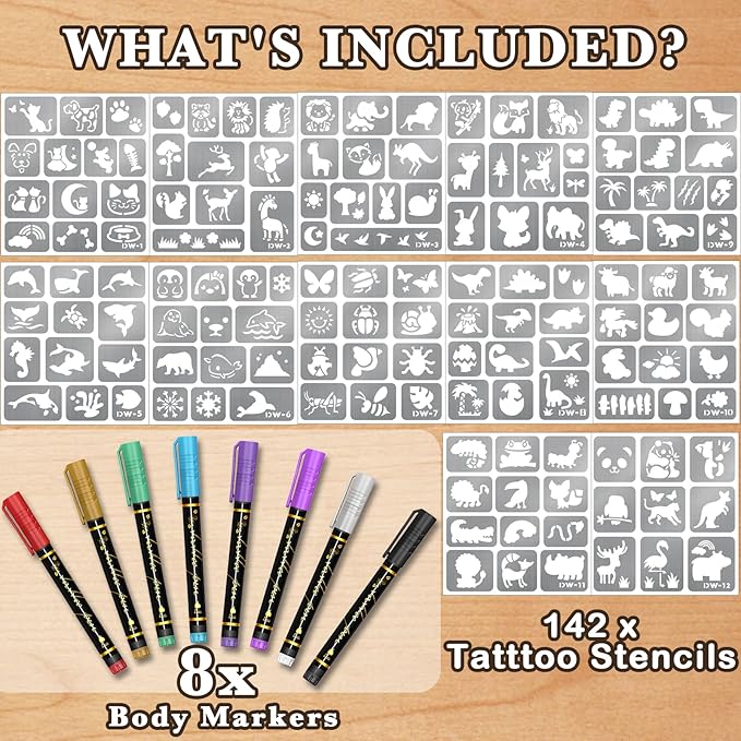 Temporary Tattoo Markers for Skin, 8 Temporary Tattoo Markers + 142 Cartoon Tattoo Stencils for Kids Teens, Flexible Brush Tip & Bright Colors Body Marker and Fake Tattoo Stencil Set for Party Favor