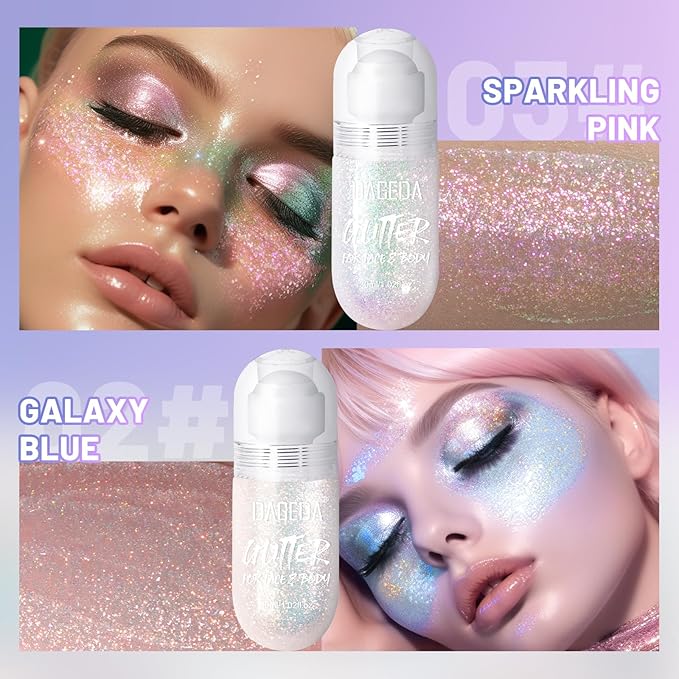 DAGEDA 2Colors Roll-on Body Glitter Gel for Body, Hair, Face, Holographic Glitter Makeup for Rave Accessories, Body Shimmer Hair Glitter Gel for Halloween Makeup(Galaxy Blue+Sparkling Pink)