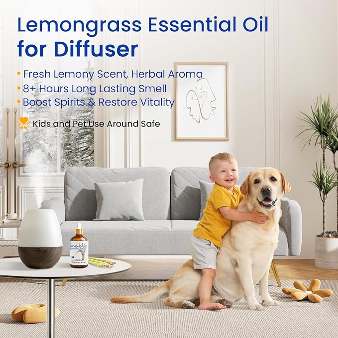 HIQILI Lemongrass Essential Oil for Diffuser, Outdoor Protection | Freshen Bathroom Kitchen Odor, and Use for Protective Spray, Ideal for Home Freshening & Outdoor Use -100mL / 3.38 fl oz
