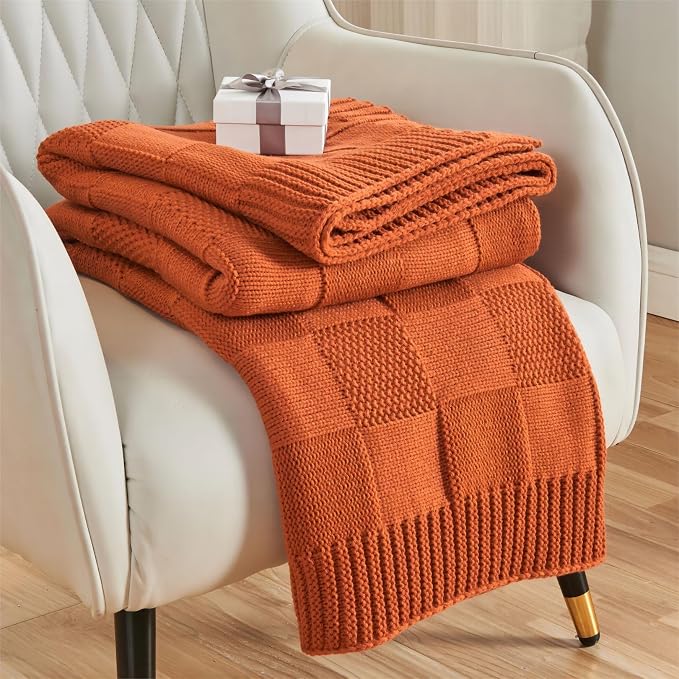 CozeCube Rust Orange Knitted Checkered Throw Blanket 60"X80" | Check Knit Throw for Couch, Decorative Christmas Soft Cozy Warm Blanket for Bed Sofa Living Room