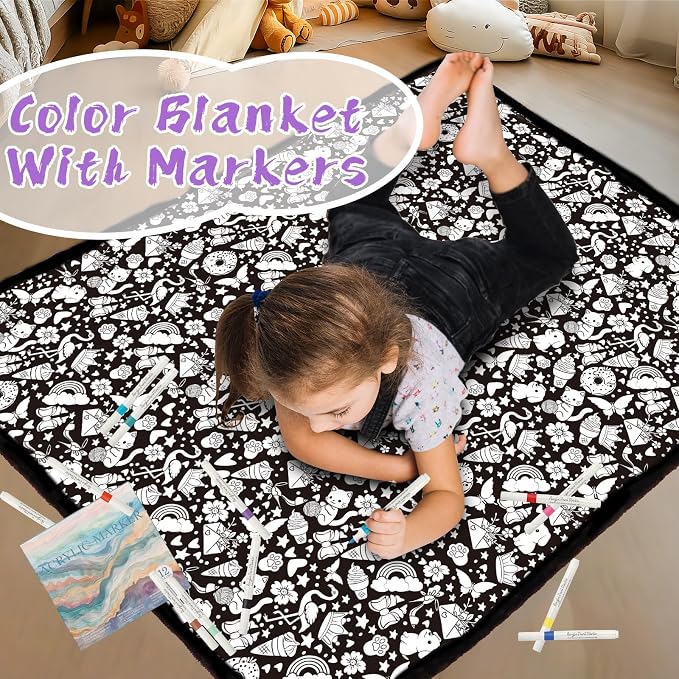 ZHOYIMIMI DIY Cozy Coloring Blankets for Kids & Adults -24 Markers | 50" x 60", Machine Washable, Cozy Velvet, Printed Patterns, ideal for daily use, home decor and kids spaces, Gift Wrapped