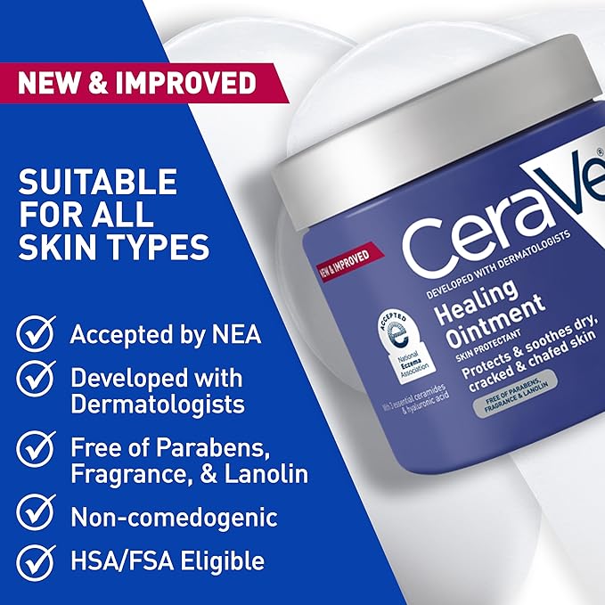 CeraVe Healing Ointment, Hydrating Skin Protectant With Petrolatum, Hyaluronic Acid & Ceramides, Face & Body Skin Barrier Repair For Cracked, Chafed, Dry Skin, Fragrance Free & Lanolin Free, 12 Oz