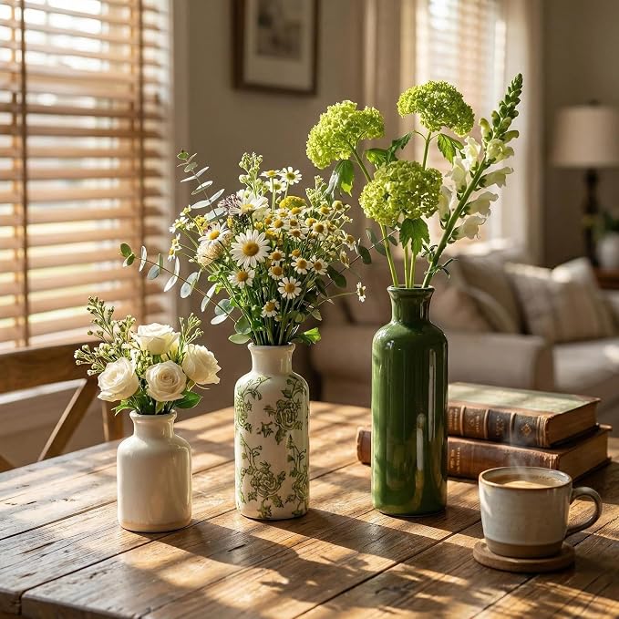 Rustic Ceramic Vase Set of 3, Flower Vases for Farmhouse Decor, Kitchen Living Room Table Centerpieces Decoration, Shelf, Mantel and Entrance Decorations-Multicolor.