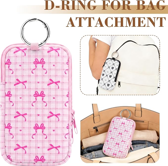 2 Pack Portable Tampon Holder Zippered Pouch with Snap Hook, Waterproof Travel-Friendly Discreet Period Bag, Feminine Products Organizer for Women Purse (Bow)
