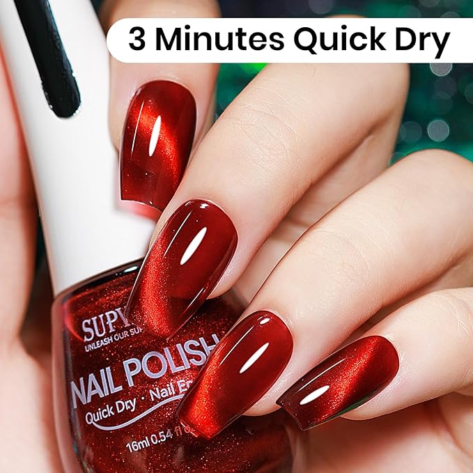 Red Quick Dry Cat Eye Nail Polish Non Gel, Magnetic Nail Polish with Magnet Cateye Fingernail Lacquer Air Fast Drying Manicure Gift For Women Girls 16ml/0.54 oz