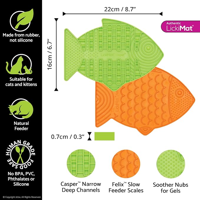 Lickimat Casper & Felix, Fish-Shaped Cat Slow Feeders Lick Mat, Boredom Anxiety Reducer; Perfect for Food, Treats and Anxiety Reduction. (Green & Orange)