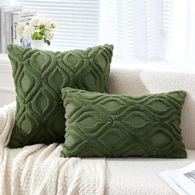 MIULEE Moss Green Soft Plush Faux Wool Throw Pillow Covers 20x20 | Set of 2, Farmhouse Boho Home Decor, Decorative Cushion Covers for Sofa, Living Room, Bed