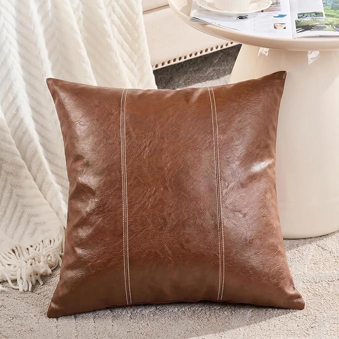 Fancy Homi Brown Boho Long Square Faux Leather Decorative Throw Pillow Covers 26x26 Inch for Living Room Couch Bed Sofa, Hand Stitched Cushion Case, Rustic Modern Farmhouse Home Decor
