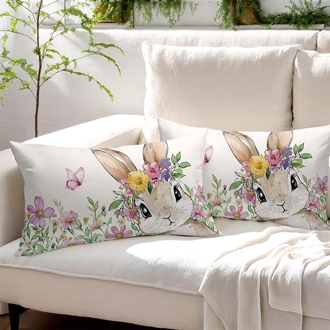 Spring Easter Bunny Lumbar Pillow Covers 12x20 Inch Set of 2 Pink Floral Leaf Rabbit Decorative Pillow Cases Outdoor Linen Square Cushion Cover Farmhouse Decor for Bedroom Home Sofa Couch Bed