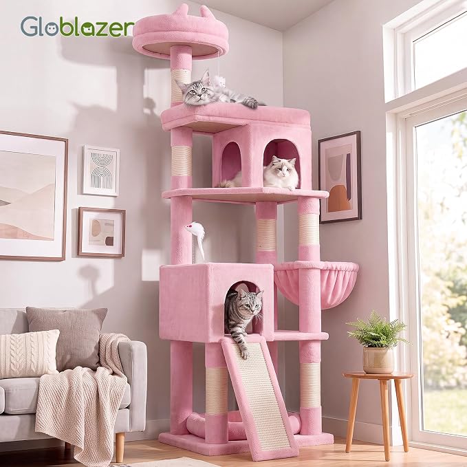 Globlazer S72 Heavy Duty Cat Trees for Large Cats, Sturdy 72in Maine Coon Cat Tree for Large Cat 20 lbs+ Heavy Duty Cat Tower for Adult Biggest Cats with 6 Scratching Posts, Hammock, Pink