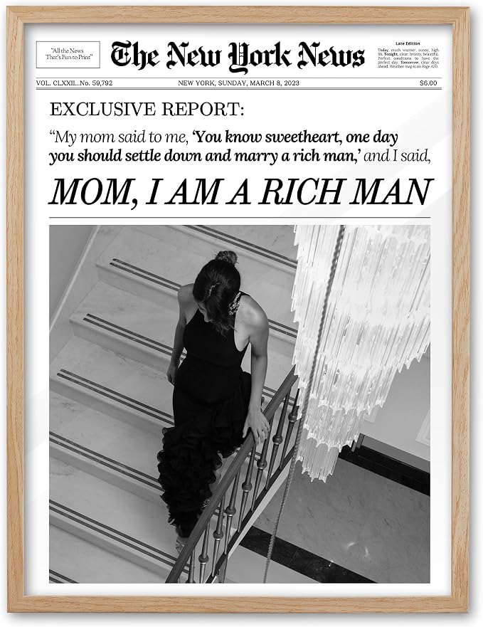 EcoHest 16x20 in Mom I Am a Rich Man Newspaper Framed Wall Art | Solid Oak Wood Frame with Canvas Wall Art, Girly Fashion Magazine Decor for Bedroom, Apartment, Dorm, College Room, 1Pack