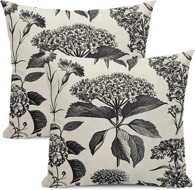 Floral Pillow Covers 20x20 Set of 2 Vintage Black Hydrangea Herbs Botanical Throw Pillow Cover Outdoor Decoration Boho Flower Pillowcase Farmhouse Decorative Cushion Case for Home Couch Sofa