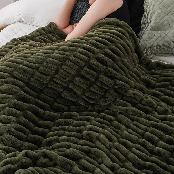BATTILO Super Soft Faux Fur Throw Blanket for Couch, 60"x80", Double Side | Olive Green Throw Blanket, Minky Couture Blanket, Cozy Warm Fluffy Faux Fur Blanket For Bed, Sofa Living Room