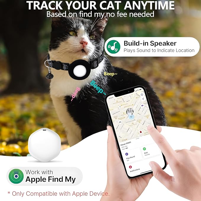 GPS Tracker for Cats, Mini GPS Pet Tracker with Collar, IP68 Waterproof Cat Trackers,No Monthly Fee,Work with Apple Find My(iOS Only),Smart Trackers for Pets(Black)