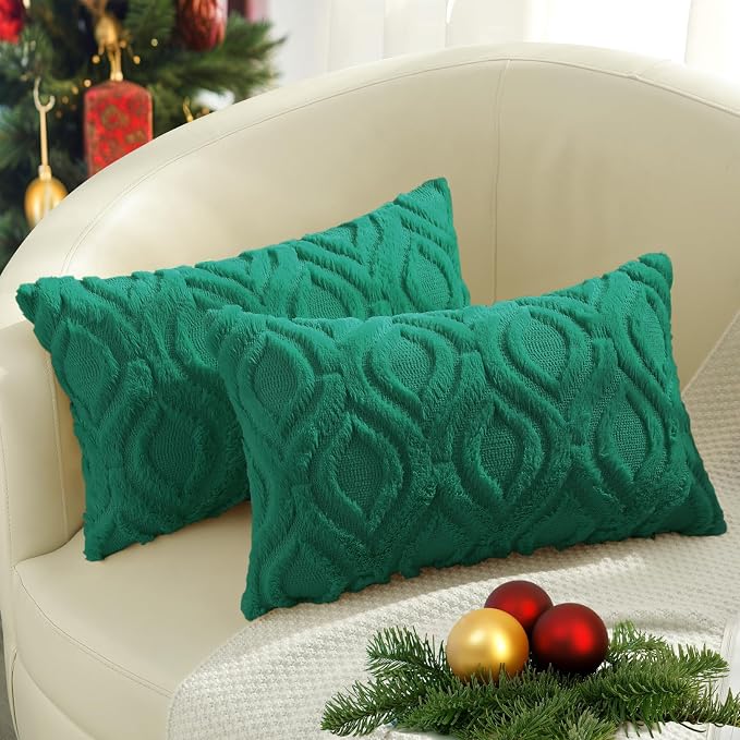 decorUhome Faux Fur Plush Soft Green Throw Pillow Covers 12x20 Set of 2 | Plush Solid Fall Couch Pillow Covers, Accent Modern Farmhouse Neutral Decorative Square Pillow Cases for Sofa Bed Living Room