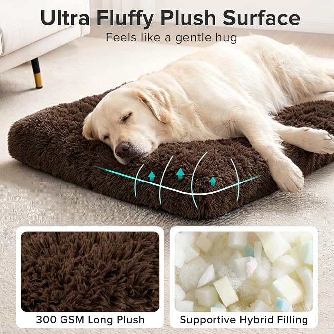 JOEJOY Large Dog Bed Crate Pad, Deluxe Plush Washable Dog Beds Fulffy Soft Kennel Pad Anti-Slip Pet Sleeping Mat for Large Medium Small Dogs, 35" x 23", Brown