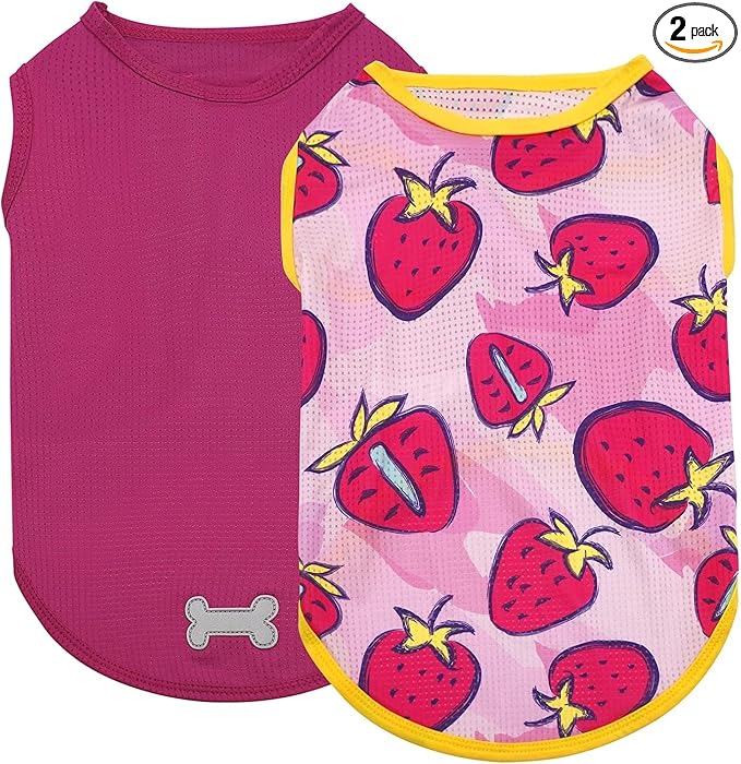 KYEESE 2Pack Dog Shirt, Lightweight Sun Protection Dog T Shirts for Small Dogs Girl, Breathable Mesh Tank Top Sleeveless Pet Reflective Vest, Soft Summer Dogs Clothes, Strawberry+Rose Red, M
