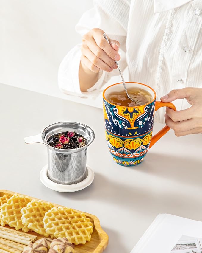 vancasso Ceramic Tea Cup with Infuser and Lid, 18 Ounce Tea Infuser Mug for Loose Leaf Tea, Microwave & Dishwasher Safe, Bohemian Mandala, Gift for Tea Lovers, Amber Iris Bloom