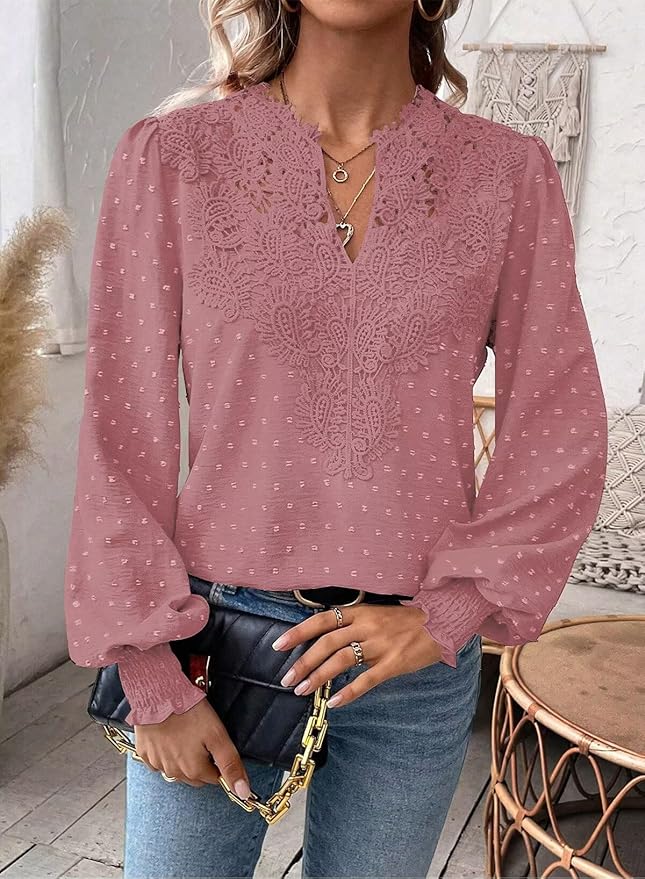 Womens Tops Swiss Dot Boho Long Sleeve Shirts V Neck Casual Chiffon Blouses Flowy Lace Hem Cute Clothing Trendy 2026