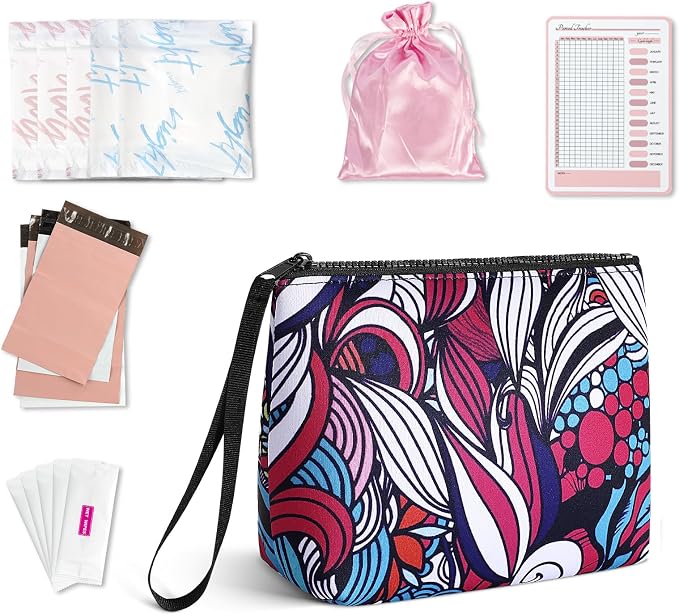 First Period Kit for Girls, Neoprene Cute Sanitary Napkin Storage Bag, Menstrual Pad Bag Tampon Holder for Purse, First Period Gifts for 9-12 (Leaf)