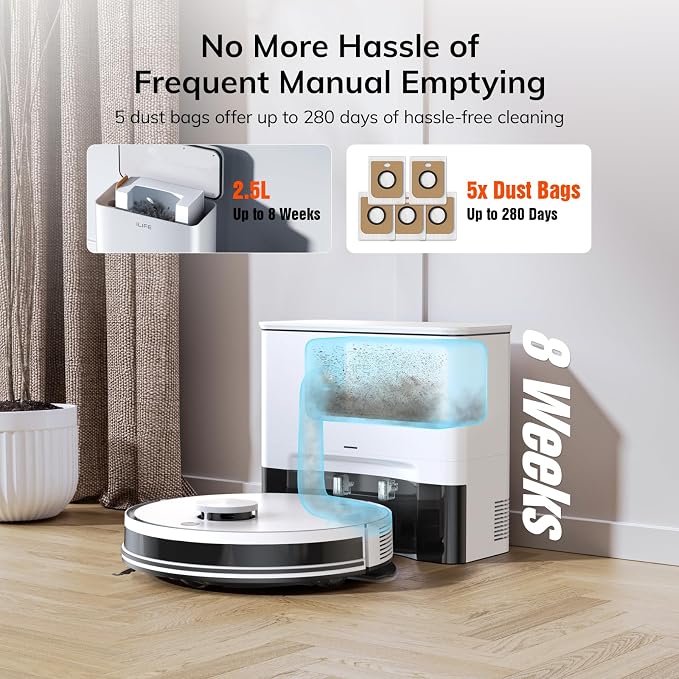 ILIFE A30 Pro Robot Vacuum and Mop,10000Pa Max Suction | 60 Days Self Emptying, LiDAR Navigation, 150 Mins, App, Remote & Voice Control, Ideal for Hard Floors, Carpet & Pet Hair
