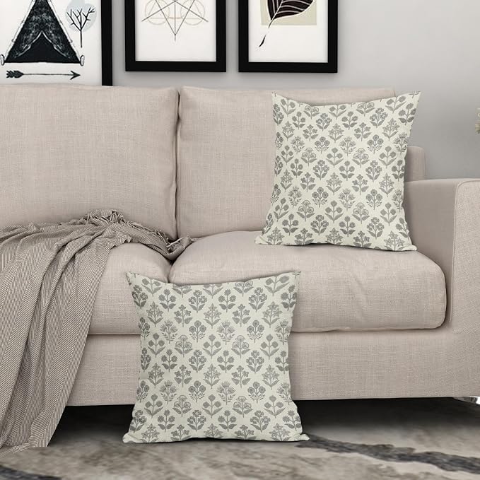 Grey Gray Floral Pillow Covers 20x20 Inch Set of 2, Vintage Flower Block Print Pattern Decorative Throw Pillowcases Outdoor Farmhouse Cushion Covers Spring Summer Rustic Sofa Couch Bed Decor