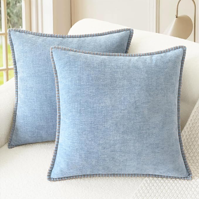 CaliTime Decorative Couch Throw Pillow Covers 20 X 20 Inches Baby Blue | Pack of 2, Cozy Chenille Cushion Cases, Cotton Thread Stitching Edges, for Sofa Bed Living Room Farmhouse