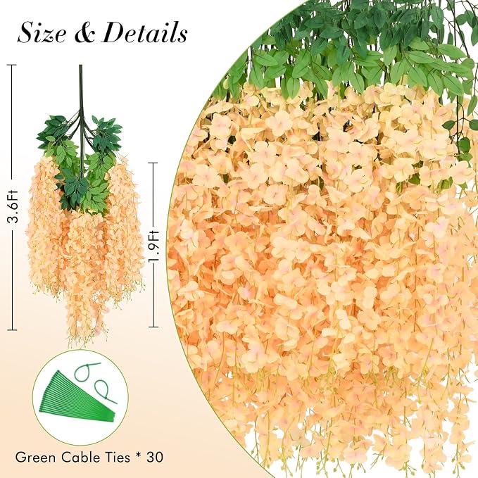 24 Pack Wisteria Hanging Flowers, 3.6 Feet Champagne Wisteria Artificial Flowers, Artificial Fake Flower Garland, Hanging Vines for Bedroom Wedding Home Party Wall Decor (Champagne, 24pcs)