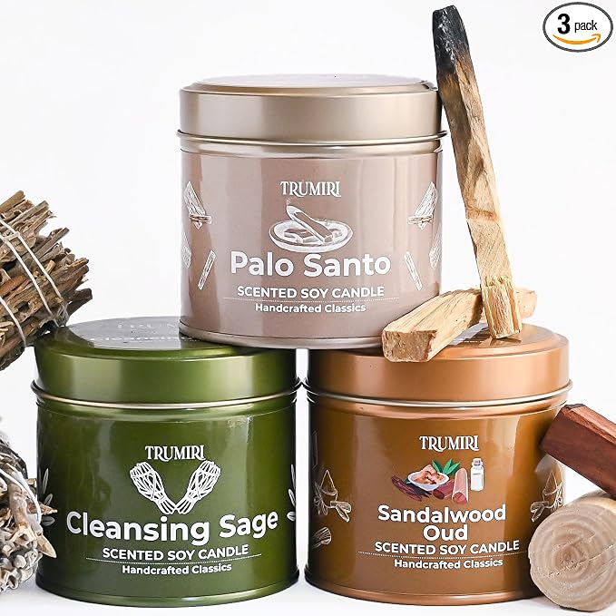 Cleansing Sage, Palo Santo, Sandalwood Oud - Soy Candles Non Toxic - Highly Scented Long Lasting with Essential Oils - Variety Pack of 3 x 5oz - for Home Aromatherapy Meditation Gift Travel