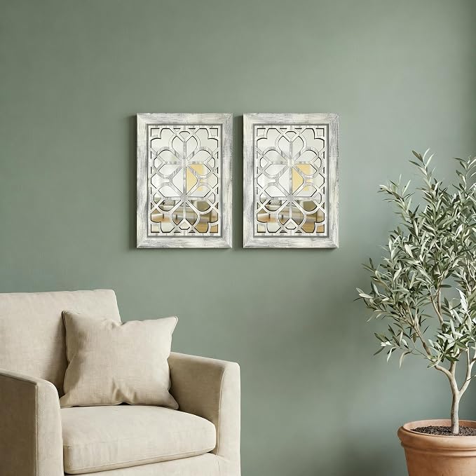 Set of 2 11x15 Inch Rectangular Shatterproof Grey Decorative Wall Mirrors, Boho Farmhouse Rustic Vintage Accent Mirrors for Living Room Bedroom Entryway & Home Decor