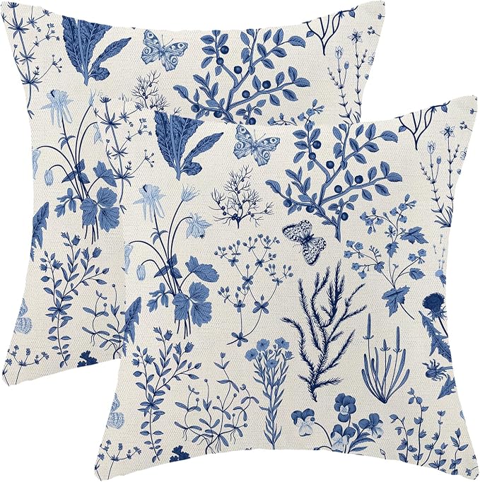 AEIOAE Summer Pillow Covers 20x20 Inch Set of 2,Navy Blue Wild Flower Plant Throw Pillows Case,Seasonal Floral Outdoor Decorative Square Linen Farmhouse Decor Cushion Covers for Home Couch Sofa Bed