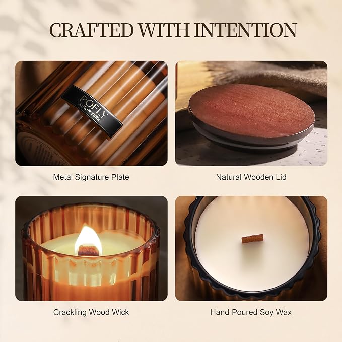 Amber Sandalwood Scented Candle with Crackling Wood Wick, Hand Poured Soy Wax Candle, Long Lasting Aromatherapy Candle for Home, Gifts for Men, 5.29 Oz