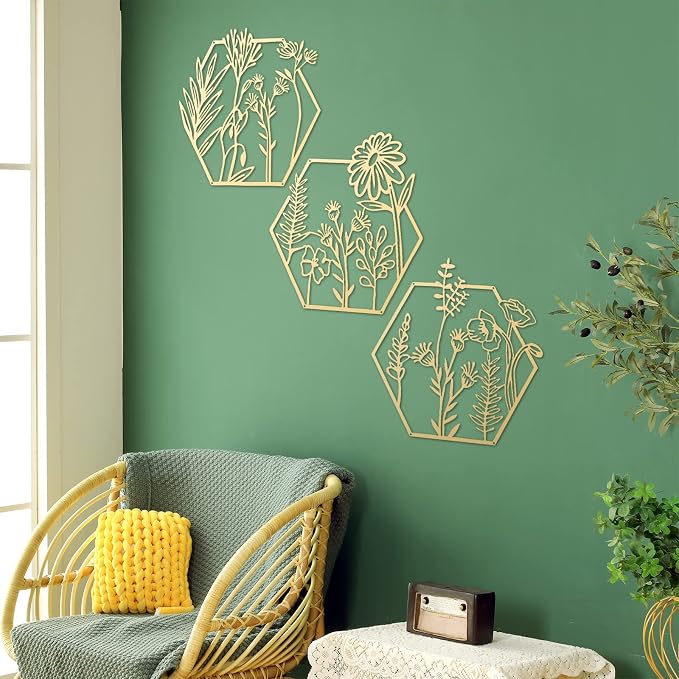 Peryiter 3 Pcs Metal Flower Wall Decor Minimalist Floral Wall Hanging Decor Floral Metal Rustic Flower Art for Summer Living Room Bathroom Kitchen Indoor Outdoor(Gold)