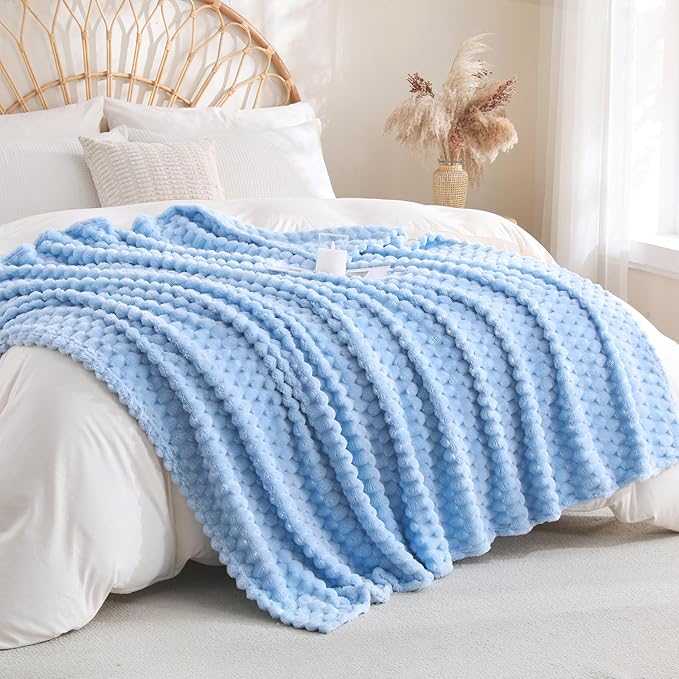 Light Blue Fleece Throw Blanket 60”×80” for Couch Sofa Bed Super Soft Cozy Plush Microfiber Flannel Blanket with 3D Jacquard Decorative Lightweight for Mom Woman