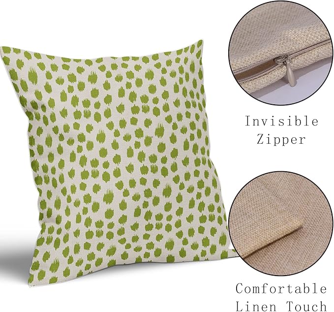Lime Green Cream Pillow Covers 18x18 Set of 2 Boho Design Polka Dot Throw Pillows Modern Brush Strokes Print Decorative Outdoor Pillowcase Square Cushion Cover Linen Pillow Case for Sofa Couch Bed