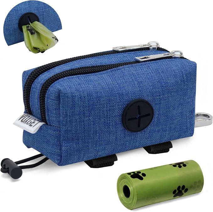 Dog Poop Bag Holder with Treat Pouch, 2 Zipper Pockets & Leash Clip